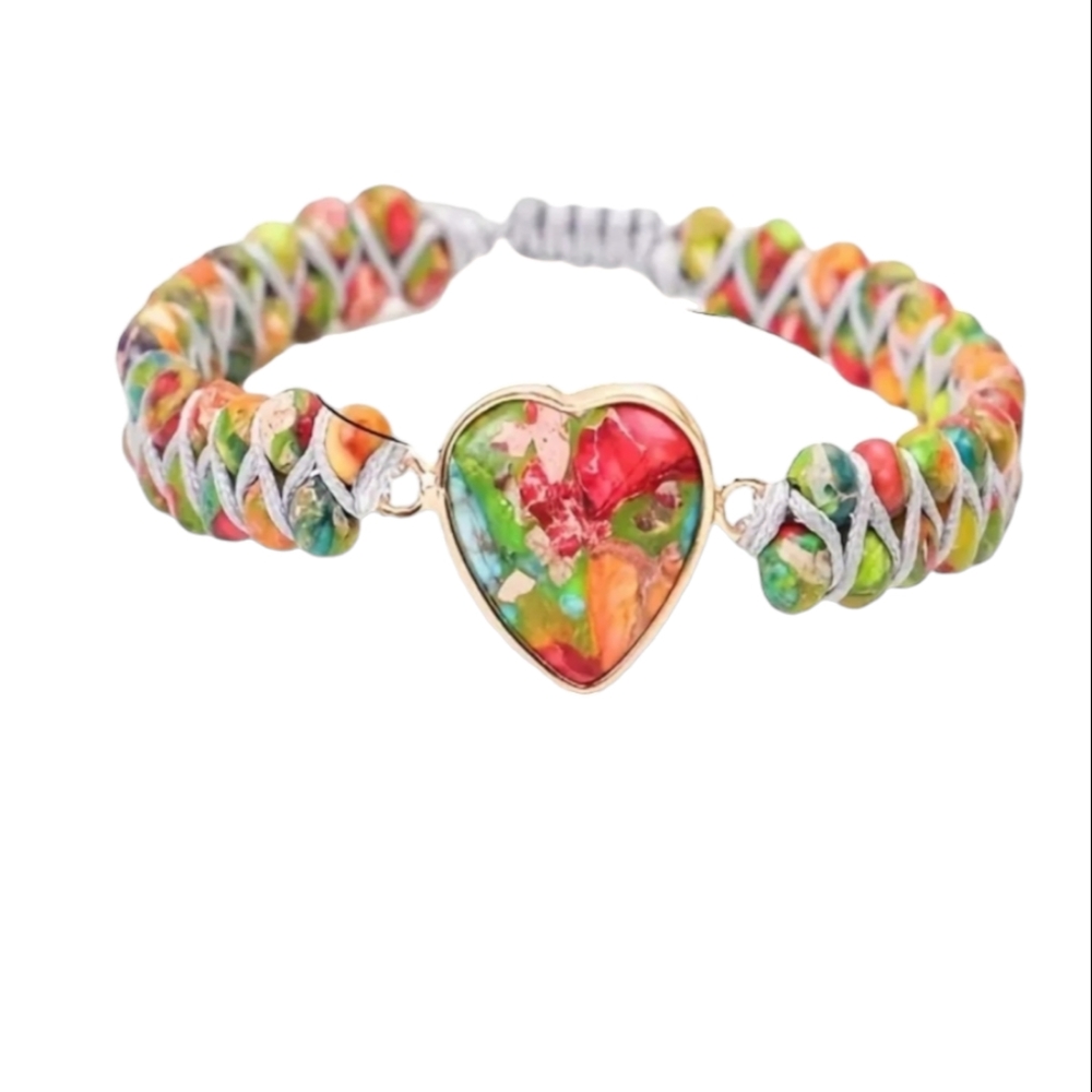 Natural Multicolor Charm Heart Pendant Braided Beaded Bracelet